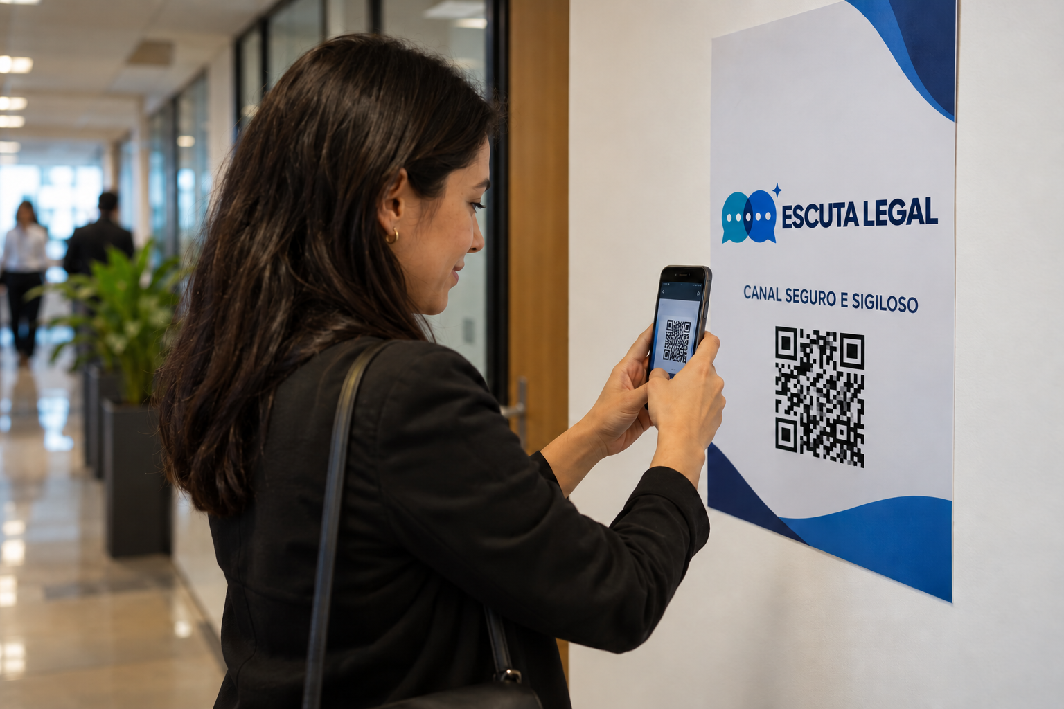 Colaboradora lê QR Code em cartaz do Escuta Legal no escritório