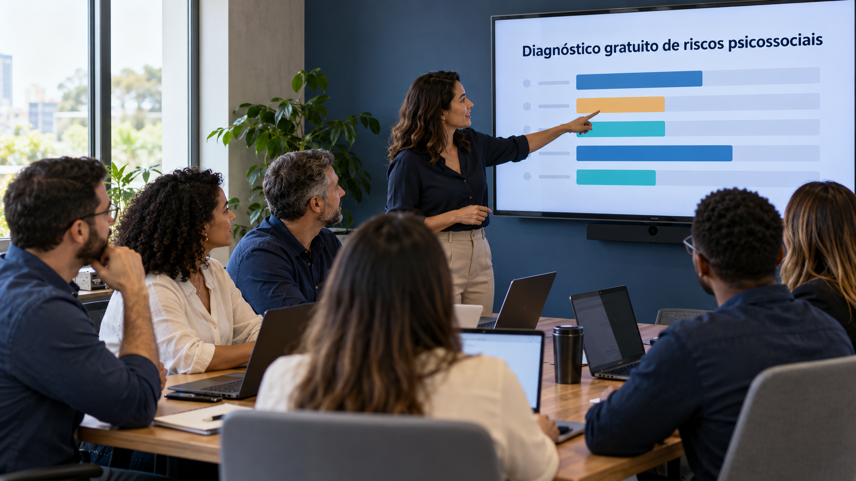 Equipes acompanham painel de riscos psicossociais em sala de treinamento