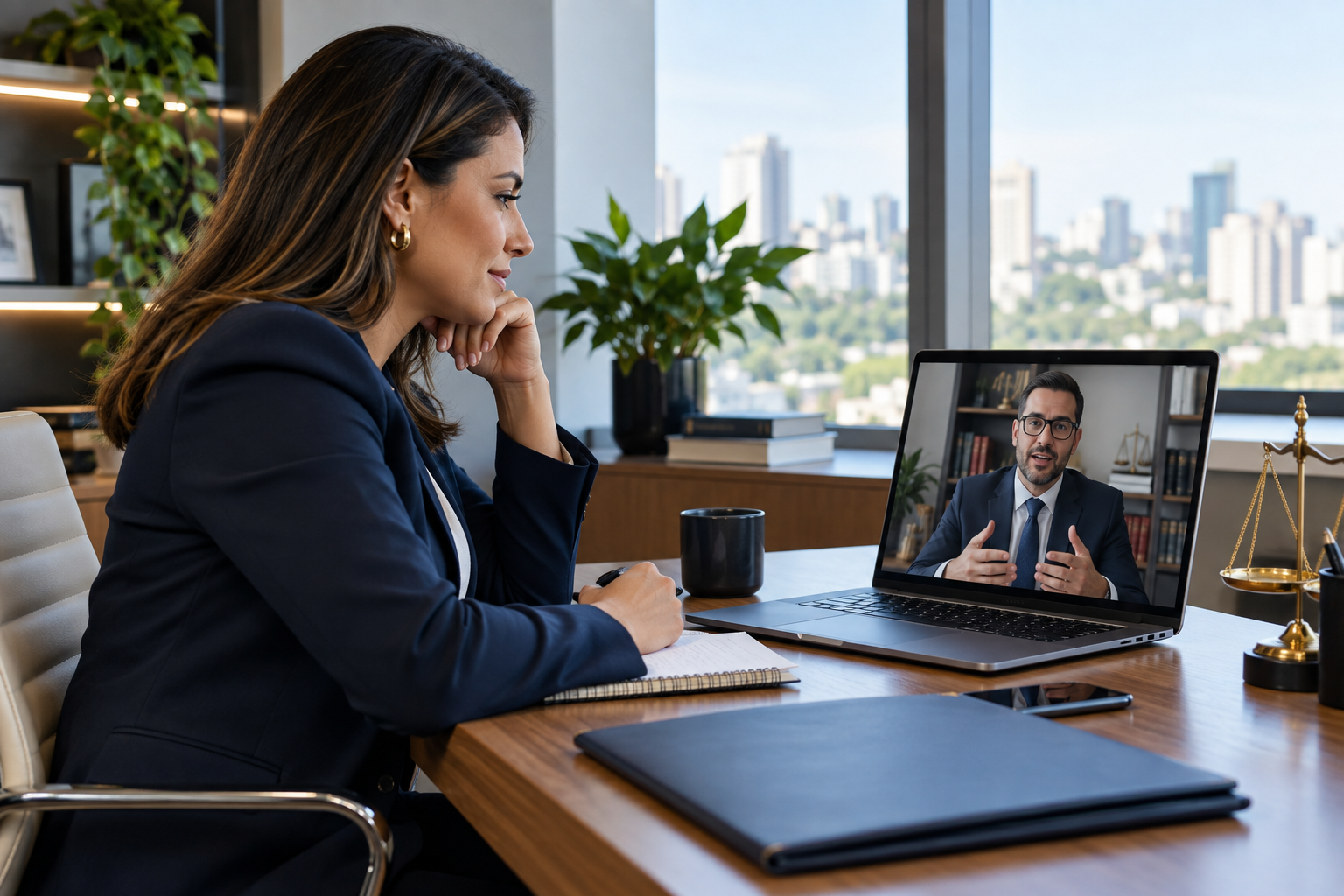Executiva conversa por videoconferência com advogado em escritório