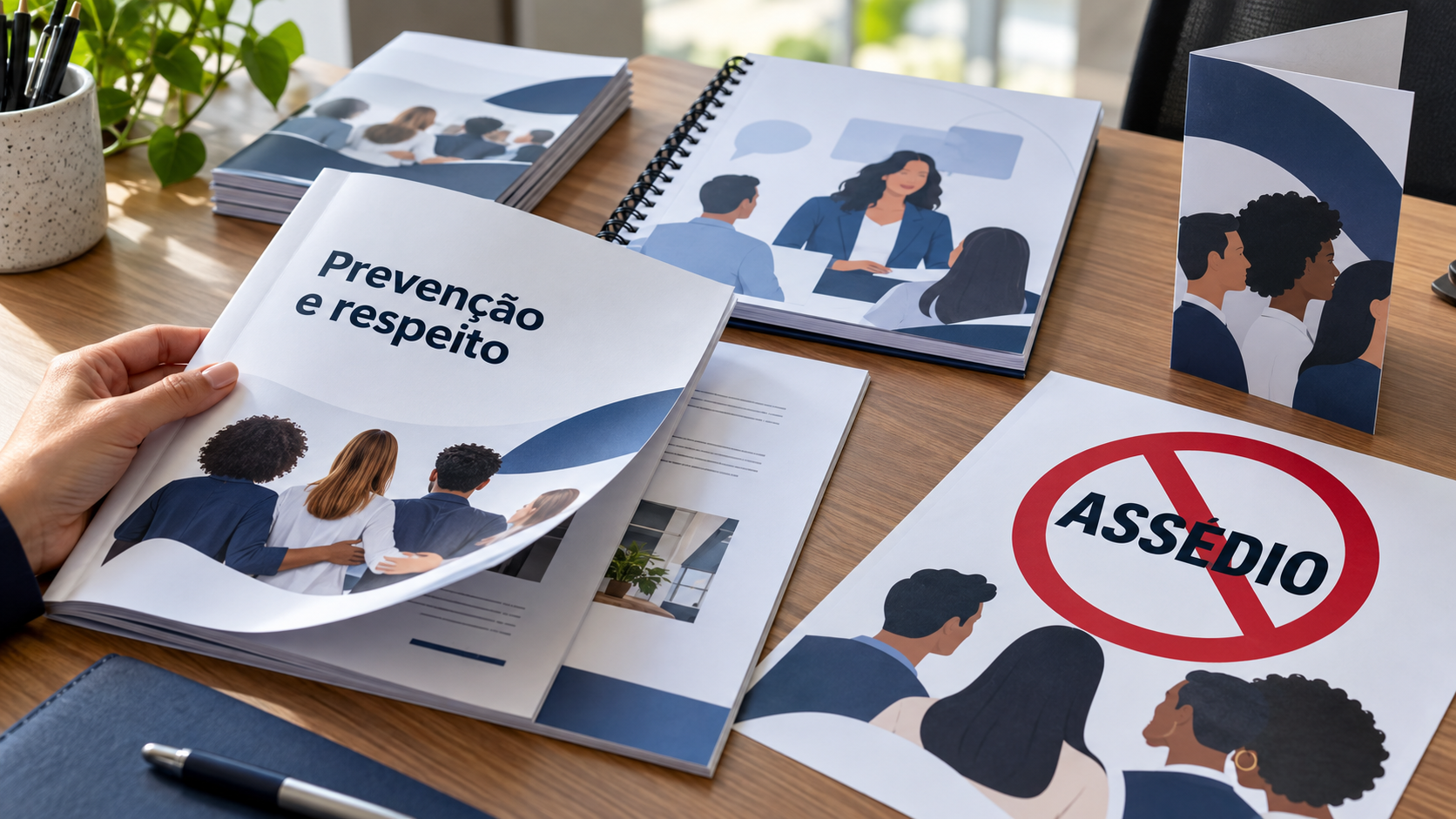 Cartilhas e cartazes impressos de prevenção ao assédio e respeito no trabalho