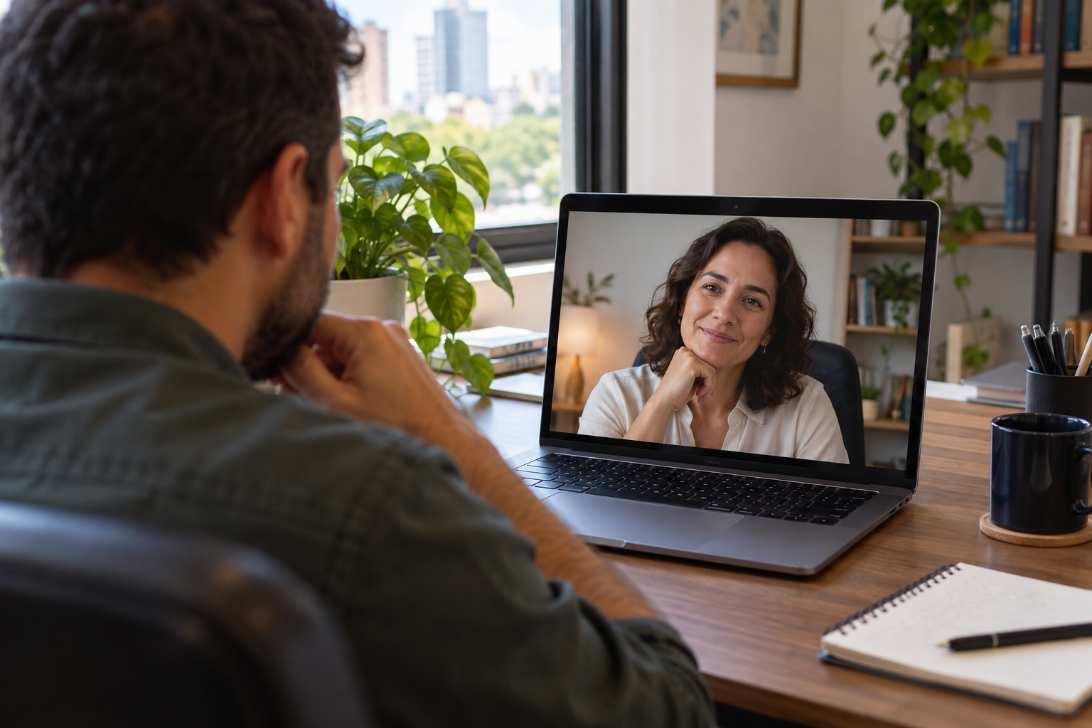 Funcionário conversa com psicóloga por vídeo em sua mesa de trabalho